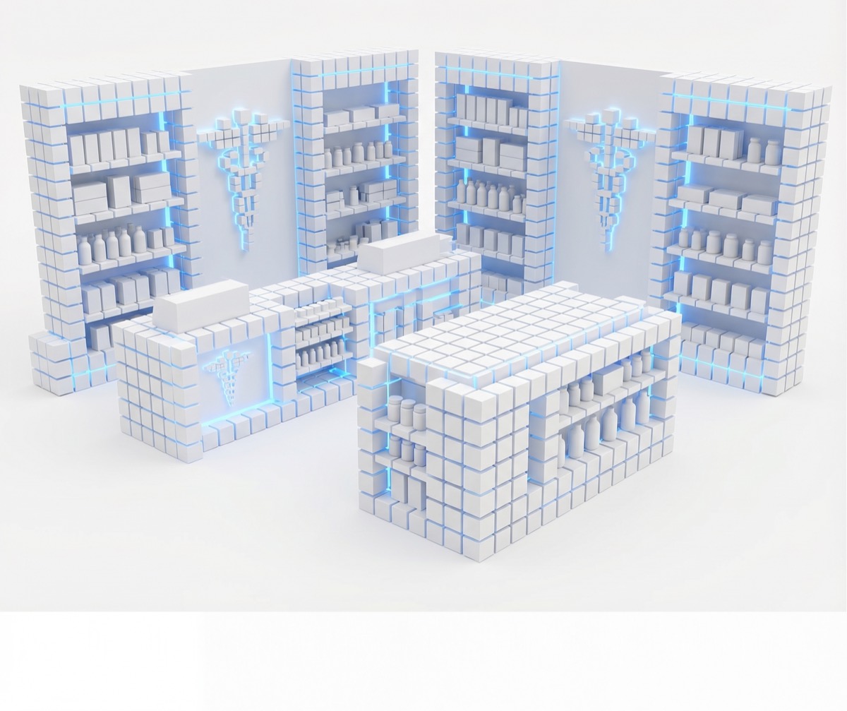 Estantes de farmacia con inventario de recetas en espera de enrutamiento de entrega