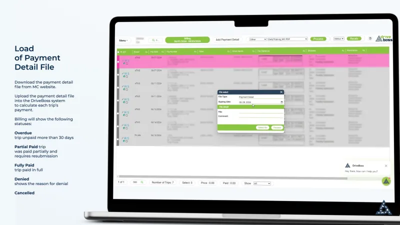Importación del detalle de pagos: Suba el archivo de pagos del broker; cada viaje muestra Pagado, Pago parcial, Vencido, Denegado (con el motivo) o Cancelado.